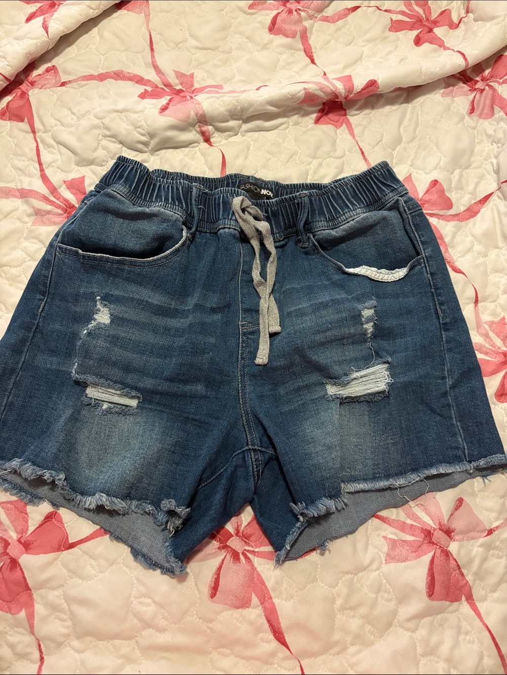 Fashion Nova Distressed Drawstring Denim Shorts - Blue